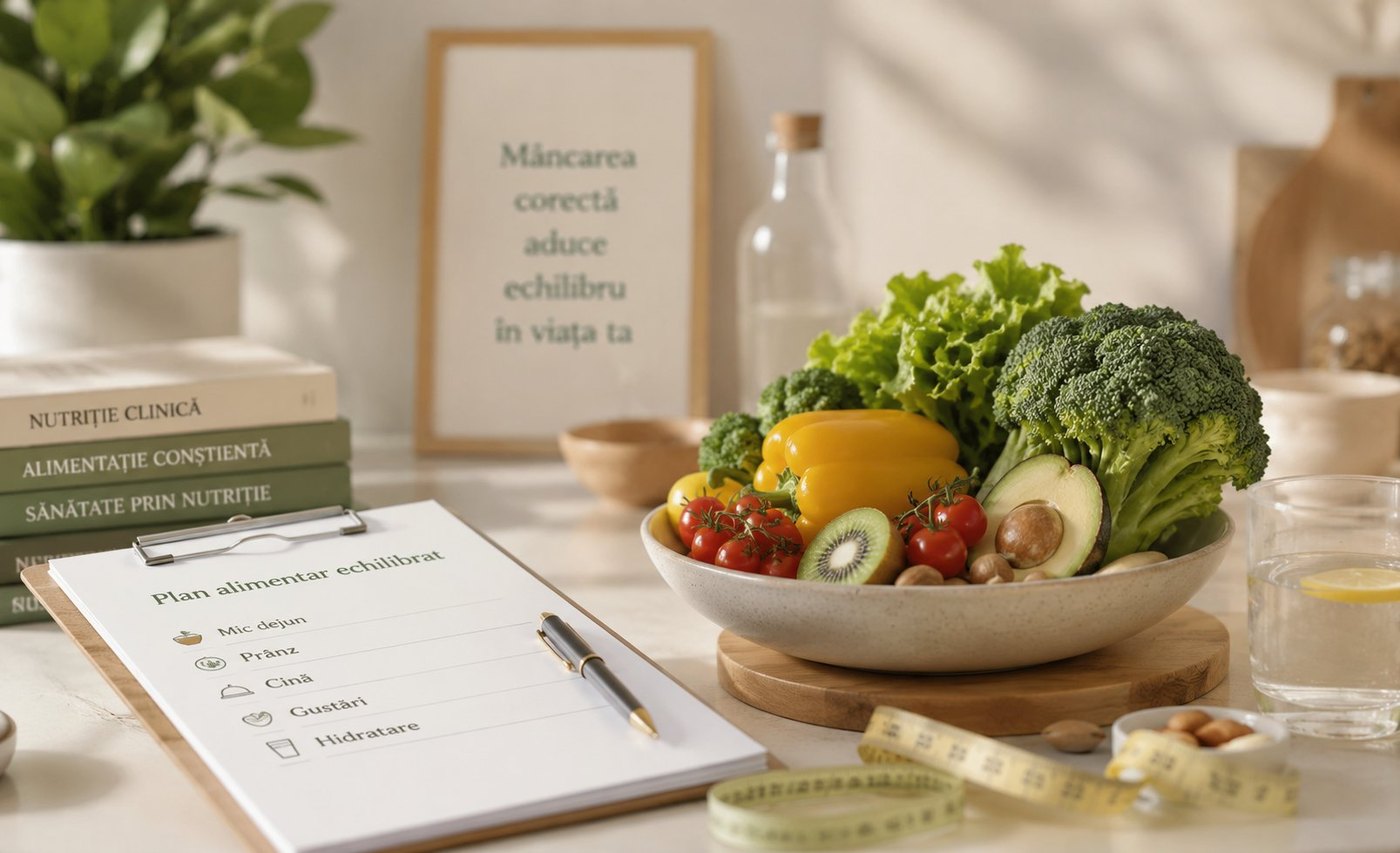 Masă cu un bol de legume proaspete, cărți de nutriție și un plan alimentar echilibrat